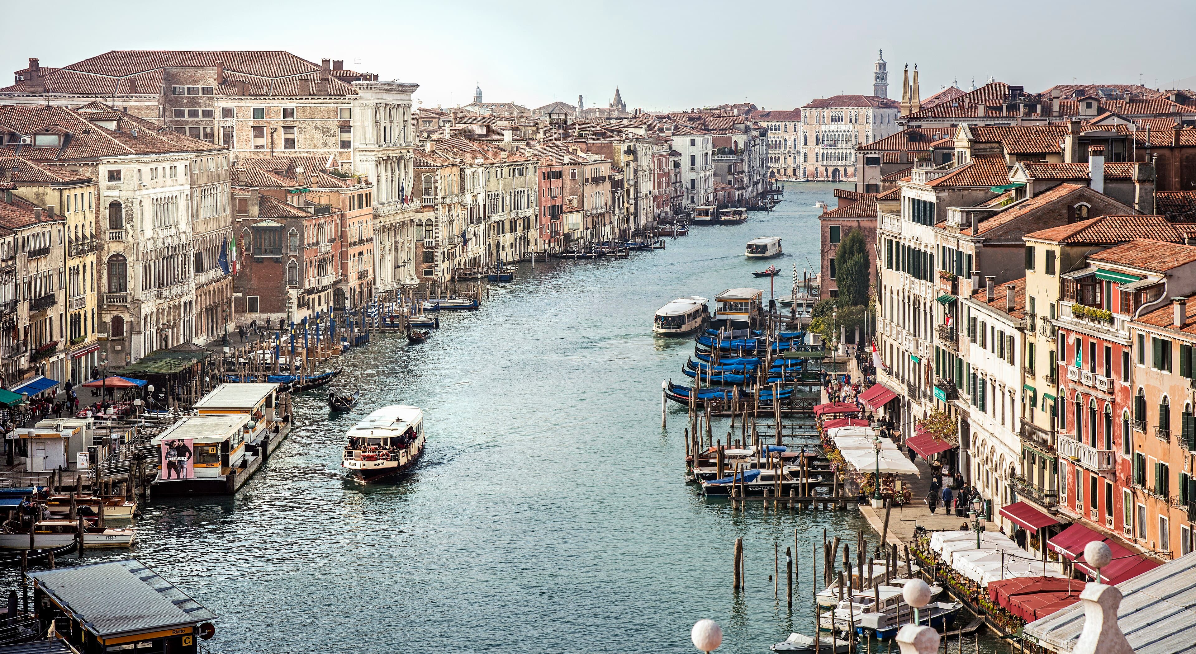 The Grand Canal in Venice seen from the Rialto Bridge toward Ca' Foscari, lined with palazzi